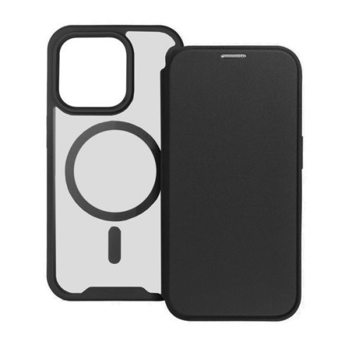 Apple iPhone 15, Oldalra nyíló tok, kártyatartóval, átlátszó hátlap, Magsafe kompatibilis, Smart Mag, fekete