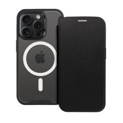   Apple iPhone 13 Pro Max, Oldalra nyíló tok, kártyatartóval, átlátszó hátlap, Magsafe kompatibilis, Smart Mag, fekete