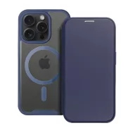  Apple iPhone 15 Pro, Oldalra nyíló tok, kártyatartóval, átlátszó hátlap, Magsafe kompatibilis, Smart Mag, sötétkék