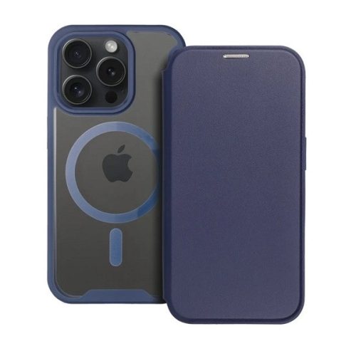 Apple iPhone 15 Pro, Oldalra nyíló tok, kártyatartóval, átlátszó hátlap, Magsafe kompatibilis, Smart Mag, sötétkék