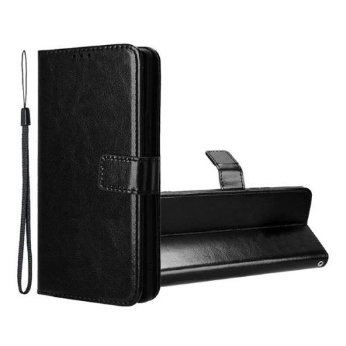 Tecno Spark 10 5G, Oldalra nyíló tok, stand, bőrhatású, kézpánttal, fekete