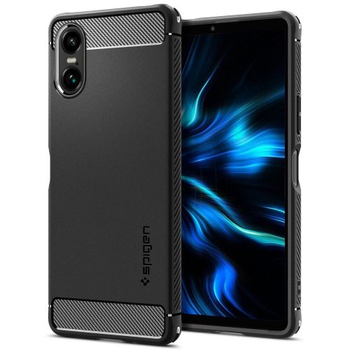 Sony Xperia 10 VI, Szilikon tok, Spigen Rugged Armor, karbon minta, fekete