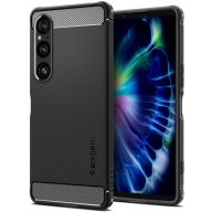   Sony Xperia 1 VI, Szilikon tok, Spigen Rugged Armor, karbon minta, fekete
