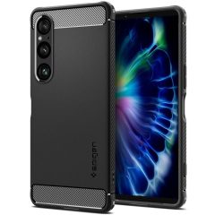   Sony Xperia 1 VI, Szilikon tok, Spigen Rugged Armor, karbon minta, fekete
