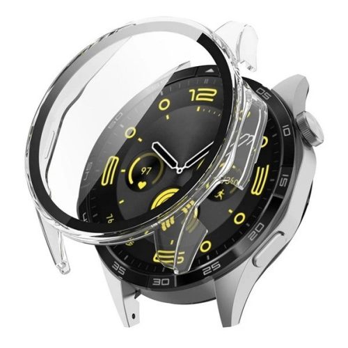 Huawei Watch GT4 (46 mm), Műanyag védőkeret, kijelzővédő üveggel, közepesen ütésálló, szíj nélkül, átlátszó