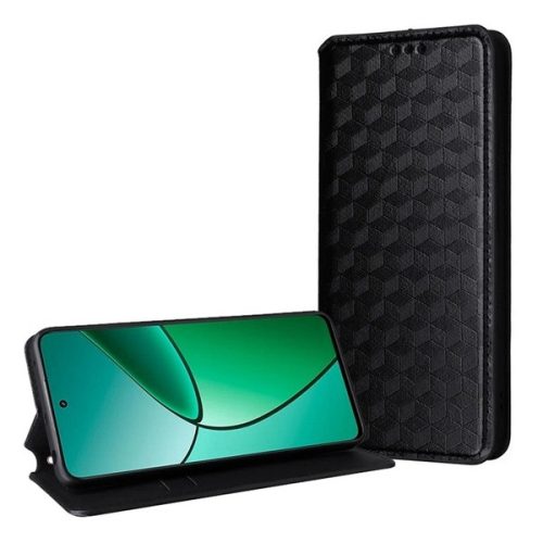 TCL 505, Oldalra nyíló tok, bőrhatású, stand, Teljes 3D rombusz minta, prémium, fekete