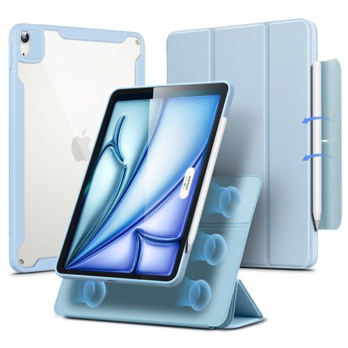 Apple iPad Air (2020 / 2022) / iPad Air 11 (2024 / 2025), mappa tok, Smart Case, mágneses rögzítés, csatos záródás, átlátszó hátlap, ESR Rebound Hybrid 360, világoskék