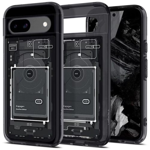 Google Pixel 8a, Műanyag hátlap védőtok + szilikon keret, Telefon belső minta, Spigen Ultra Hybrid Zero One, átlátszó/füst