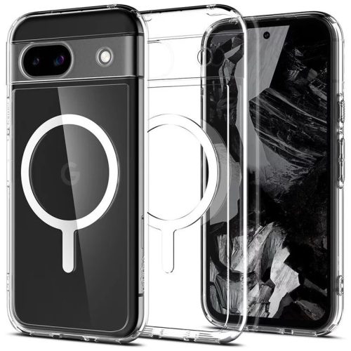 Google Pixel 8a, Műanyag hátlap védőtok + szilikon keret, Magsafe töltővel kompatibilis, Spigen Ultra Hybrid Mag Metal Ring, átlátszó/fehér