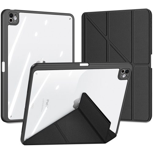 Apple iPad Pro 13 (2024), mappa tok, Apple Pencil tartóval, levehető előlap, Origami Smart Case, Dux Ducis Magi, átlátszó/fekete