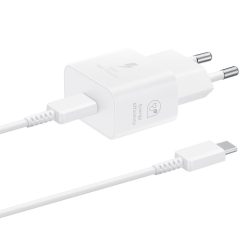   Hálózati töltő adapter, 25W, USB Type-C aljzat, USB Type-C - USB Type-C kábellel, PD, PDO / PPS, GaN, gyorstöltés, Samsung, fehér, gyári