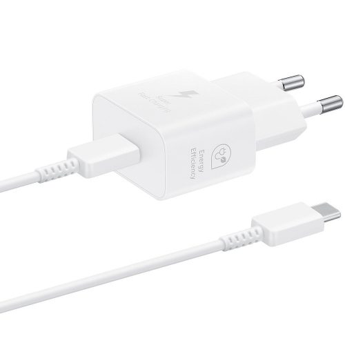 Hálózati töltő adapter, 25W, USB Type-C aljzat, USB Type-C - USB Type-C kábellel, PD, PDO / PPS, GaN, gyorstöltés, Samsung, fehér, gyári
