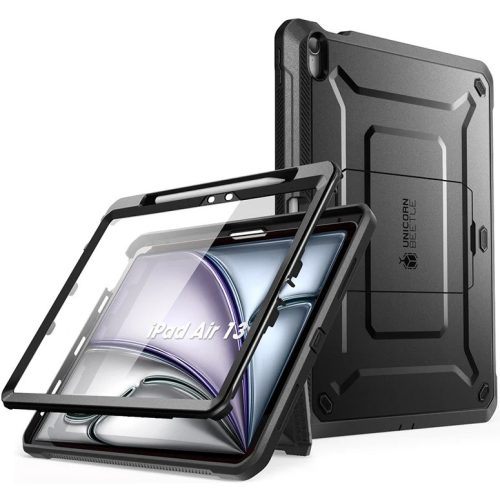 Apple iPad Air 13 (2024 / 2025), Műanyag hátlap védőtok + képernyővédő, közepesen ütésálló, kitámasztóval, SupCase Unicorn Beetle Pro, fekete