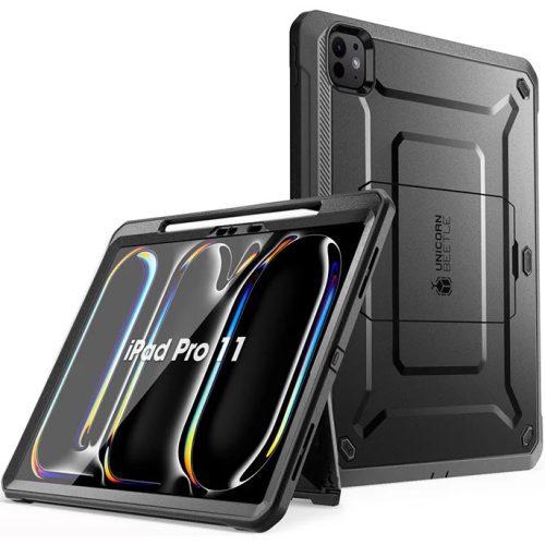 Apple iPad Pro 11 (2024), Műanyag hátlap védőtok + képernyővédő, közepesen ütésálló, kitámasztóval, SupCase Unicorn Beetle Pro, fekete