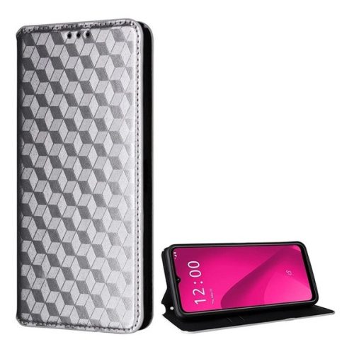 Telekom T Phone 2 Pro 5G, Oldalra nyíló tok, bőrhatású, stand, Teljes 3D rombusz minta, prémium, ezüst