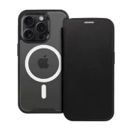   Apple iPhone 15 Plus, Oldalra nyíló tok, kártyatartóval, átlátszó hátlap, Magsafe kompatibilis, Smart Mag, fekete