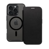  Apple iPhone 16 Plus, Oldalra nyíló tok, kártyatartóval, átlátszó hátlap, Magsafe kompatibilis, Smart Mag, fekete