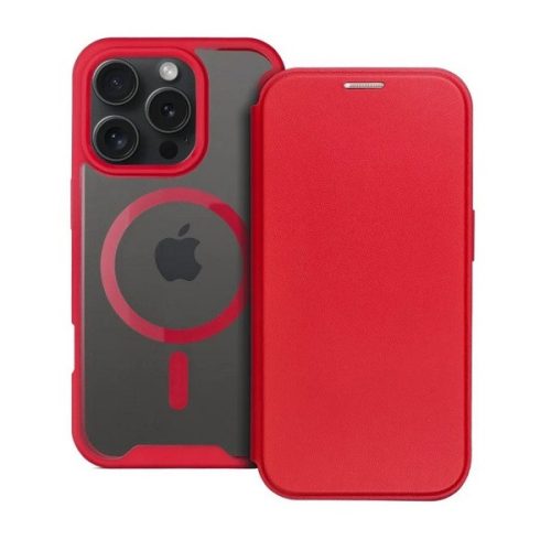 Apple iPhone 16 Pro, Oldalra nyíló tok, kártyatartóval, átlátszó hátlap, Magsafe kompatibilis, Smart Mag, piros