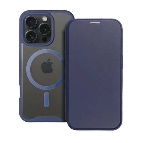 Apple iPhone 16, Oldalra nyíló tok, kártyatartóval, átlátszó hátlap, Magsafe kompatibilis, Smart Mag, sötétkék