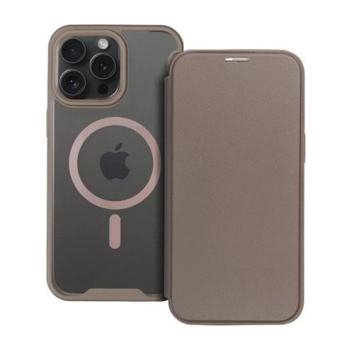Apple iPhone 16 Pro Max, Oldalra nyíló tok, kártyatartóval, átlátszó hátlap, Magsafe kompatibilis, Smart Mag, szürke