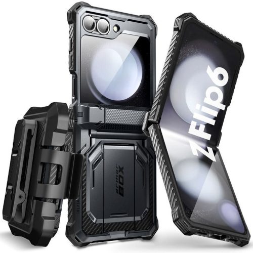 Samsung Galaxy Z Flip6 / Z Flip7 FE SM-F741B / F761B, Műanyag hátlap védőtok + képernyővédő, közepesen ütésálló, légpárnás sarok, kitámasztóval, övre csíptethető, SupCase IBLSN ArmorBox, fekete