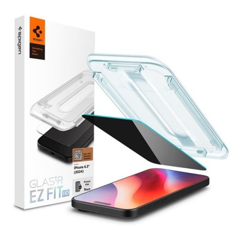 Apple iPhone 16 Pro, Kijelzővédő fólia, ütésálló fólia (az íves részre is!), Tempered Glass (edzett üveg), Spigen Ez Fit HD Privacy, Clear