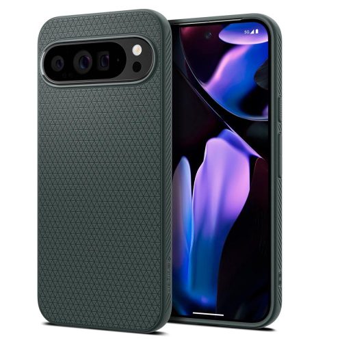 Google Pixel 9 Pro XL, Szilikon tok, Spigen Liquid Air, háromszög minta, sötétzöld