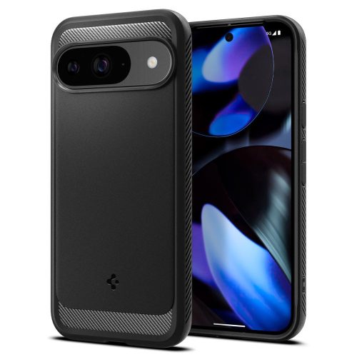 Google Pixel 9 / 9 Pro, Szilikon tok, Spigen Rugged Armor, karbon minta, fekete