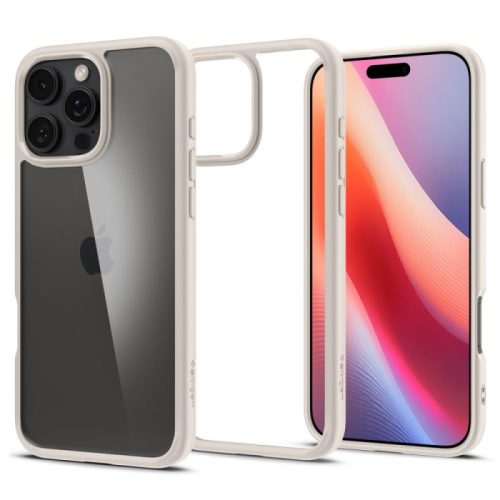 Apple iPhone 16 Pro, Műanyag hátlap védőtok + szilikon keret, Spigen Ultra Hybrid, átlátszó/titánszürke