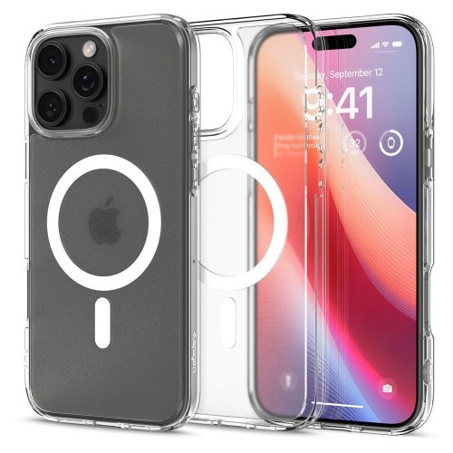 Apple iPhone 16 Pro Max, Műanyag hátlap védőtok + szilikon keret, Magsafe töltővel kompatibilis, Spigen Ultra Hybrid Mag Matte, áttetsző/fehér