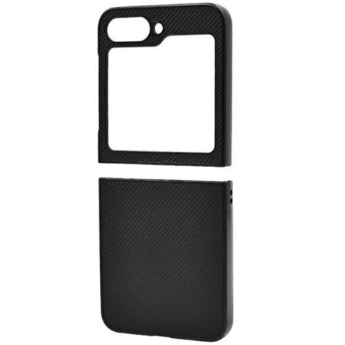 Samsung Galaxy Z Flip6 SM-F741B, Műanyag hátlap védőtok, közepesen ütésálló, bőrhatású hátlap, karbon minta, fekete