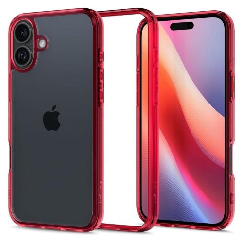 Apple iPhone 16, Műanyag hátlap védőtok + szilikon keret, Spigen Ultra Hybrid, átlátszó/piros