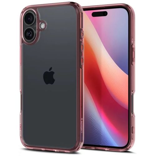 Apple iPhone 16, Műanyag hátlap védőtok + szilikon keret, Spigen Ultra Hybrid, átlátszó/rózsaszín