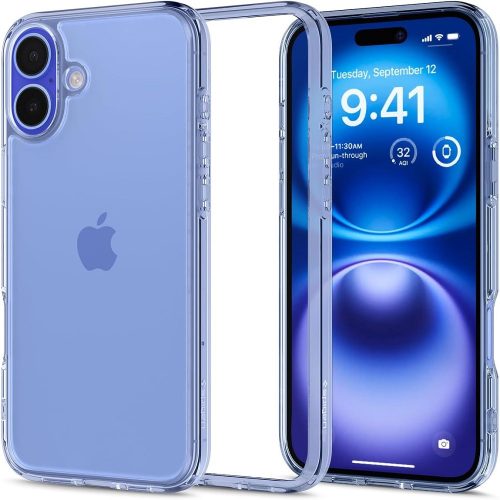 Apple iPhone 16, Műanyag hátlap védőtok + szilikon keret, Spigen Ultra Hybrid, átlátszó/kék