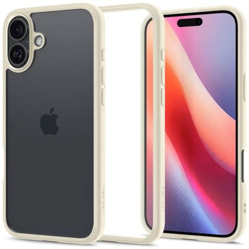 Apple iPhone 16 Plus, Műanyag hátlap védőtok + szilikon keret, Spigen Ultra Hybrid, átlátszó/homok-beige