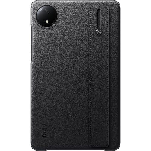 Xiaomi Redmi Pad SE (8.7), Műanyag hátlap védőtok, bőrrel bevont hátlap, mikroszálas belső, kitámasztóval, kézpánt, fekete, gyári