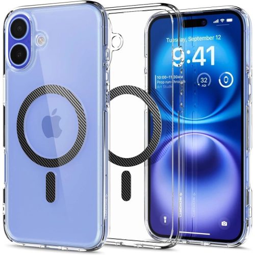 Apple iPhone 16, Műanyag hátlap védőtok + szilikon keret, Magsafe töltővel kompatibilis, karbon minta, Spigen Ultra Hybrid Mag, átlátszó/mintás