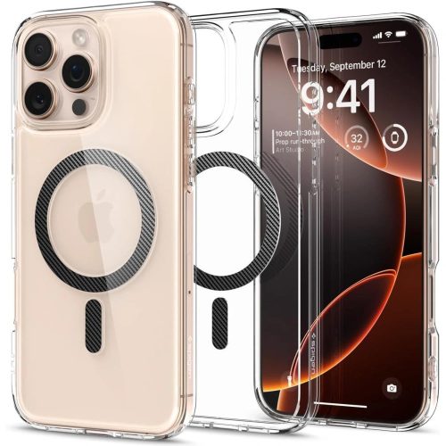 Apple iPhone 16 Pro Max, Műanyag hátlap védőtok + szilikon keret, Magsafe töltővel kompatibilis, karbon minta, Spigen Ultra Hybrid Mag, átlátszó/mintás