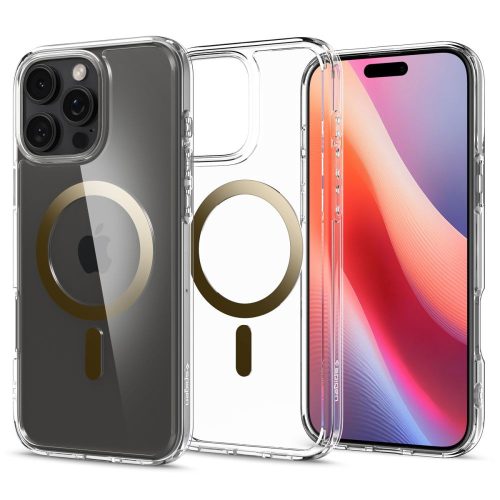 Apple iPhone 16, Műanyag hátlap védőtok + szilikon keret, Magsafe töltővel kompatibilis, Spigen Ultra Hybrid Mag, átlátszó/arany