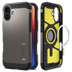   Apple iPhone 16, Szilikon tok + műanyag hátlap, Magsafe töltővel kompatibilis, kitámasztóval, Spigen Tough Armor Mag, sötétszürke