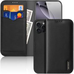   Apple iPhone 16 Pro Max, Oldalra nyíló tok, valódi bőrtok, stand, Dux Ducis Hivo, fekete