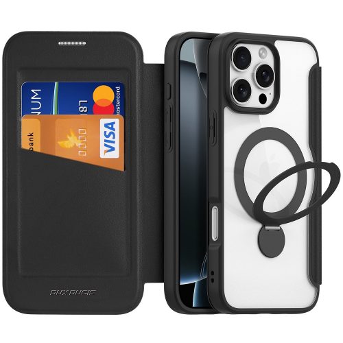 Apple iPhone 16 Pro, Oldalra nyíló tok, stand, közepesen ütésálló, kitámasztóval, RFID technológiával, Magsafe kompatibilis, Dux Ducis Skin X Pro Ring Stand Magsafe, fekete