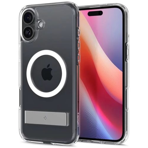 Apple iPhone 16 Plus, Műanyag hátlap védőtok + szilikon keret, kitámasztóval, Magsafe töltővel kompatibilis, Spigen Ultra Hybrid "S" Mag, átlátszó/fehér