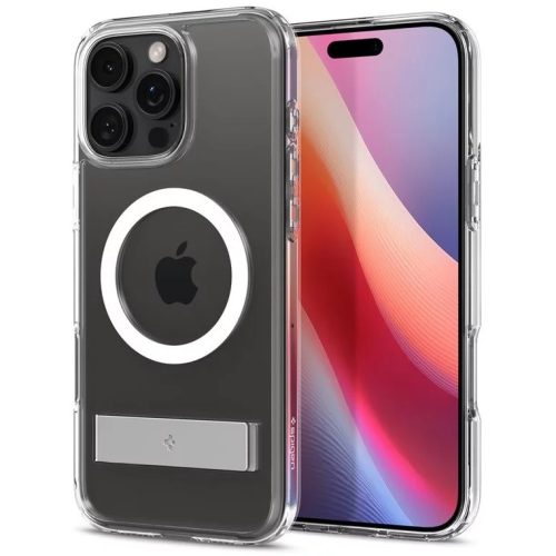 Apple iPhone 16 Pro, Műanyag hátlap védőtok + szilikon keret, kitámasztóval, Magsafe töltővel kompatibilis, Spigen Ultra Hybrid "S" Mag, átlátszó/fehér