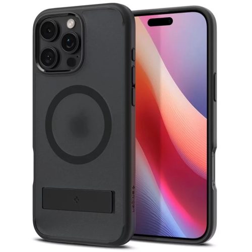 Apple iPhone 16 Pro, Műanyag hátlap védőtok + szilikon keret, kitámasztóval, Magsafe töltővel kompatibilis, Spigen Ultra Hybrid "S" Mag, áttetsző/fekete