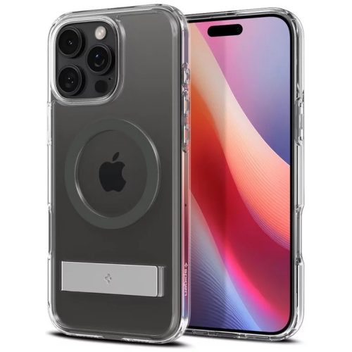 Apple iPhone 16 Pro, Műanyag hátlap védőtok + szilikon keret, kitámasztóval, Magsafe töltővel kompatibilis, Spigen Ultra Hybrid "S" Mag, átlátszó/szürke