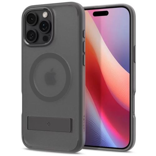 Apple iPhone 16 Pro Max, Műanyag hátlap védőtok + szilikon keret, kitámasztóval, Magsafe töltővel kompatibilis, Spigen Ultra Hybrid "S" Mag, áttetsző/szürke