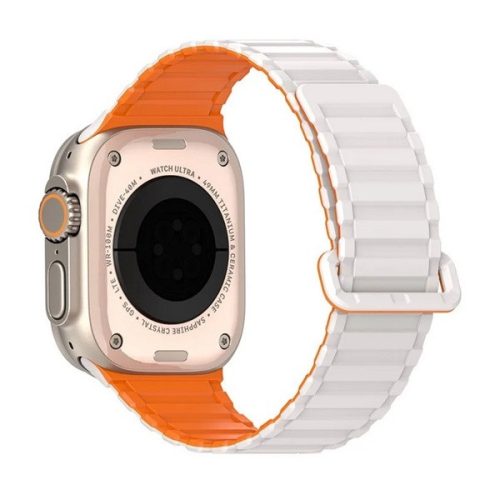 Apple Watch 4-6, SE, SE (2022) (42 / 44 mm) / Watch 7-9 (45 mm) / Watch 10 (46 mm) / Watch Ultra 1-2 (49 mm), szilikon pótszíj, mágneses zár, kétszínű, Dux Ducis KJ, ezüst/narancssárga