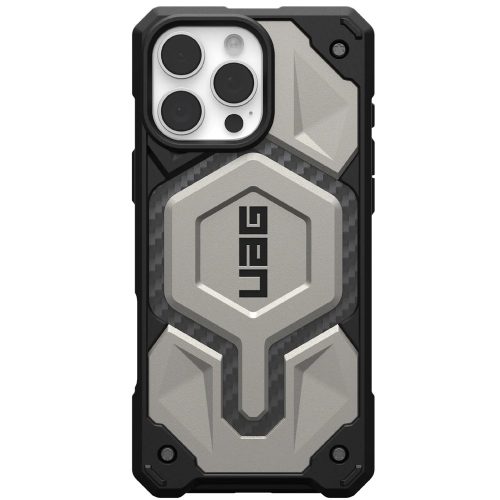 Apple iPhone 16 Pro Max, Műanyag hátlap védőtok, szilikon belső, közepesen ütésálló, Magsafe töltővel kompatibilis, karbon minta, UAG Monarch Pro, mintás/titánium