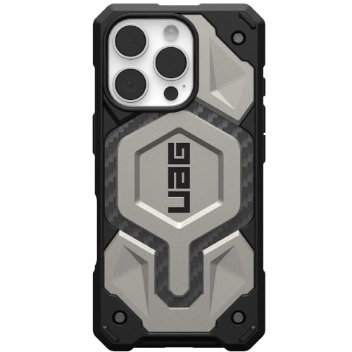 Apple iPhone 16 Pro, Műanyag hátlap védőtok, szilikon belső, közepesen ütésálló, Magsafe töltővel kompatibilis, karbon minta, UAG Monarch Pro, mintás/titánium